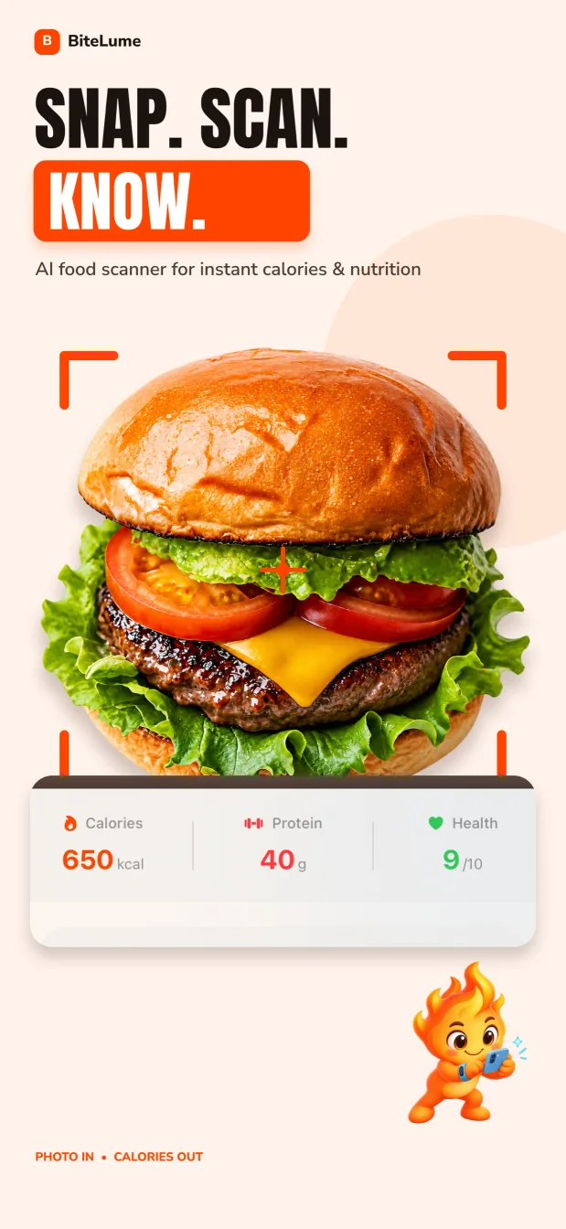BiteLume AI food scanner estimating calories, protein and a health score from a meal photo